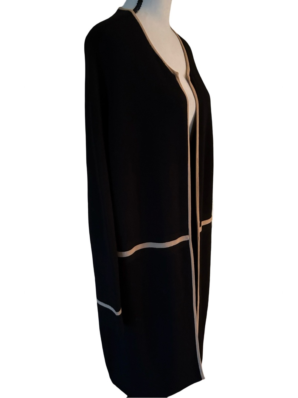 Talbots Black Open-Front Long Cardigan with Beige Trim - Picture 2 of 10